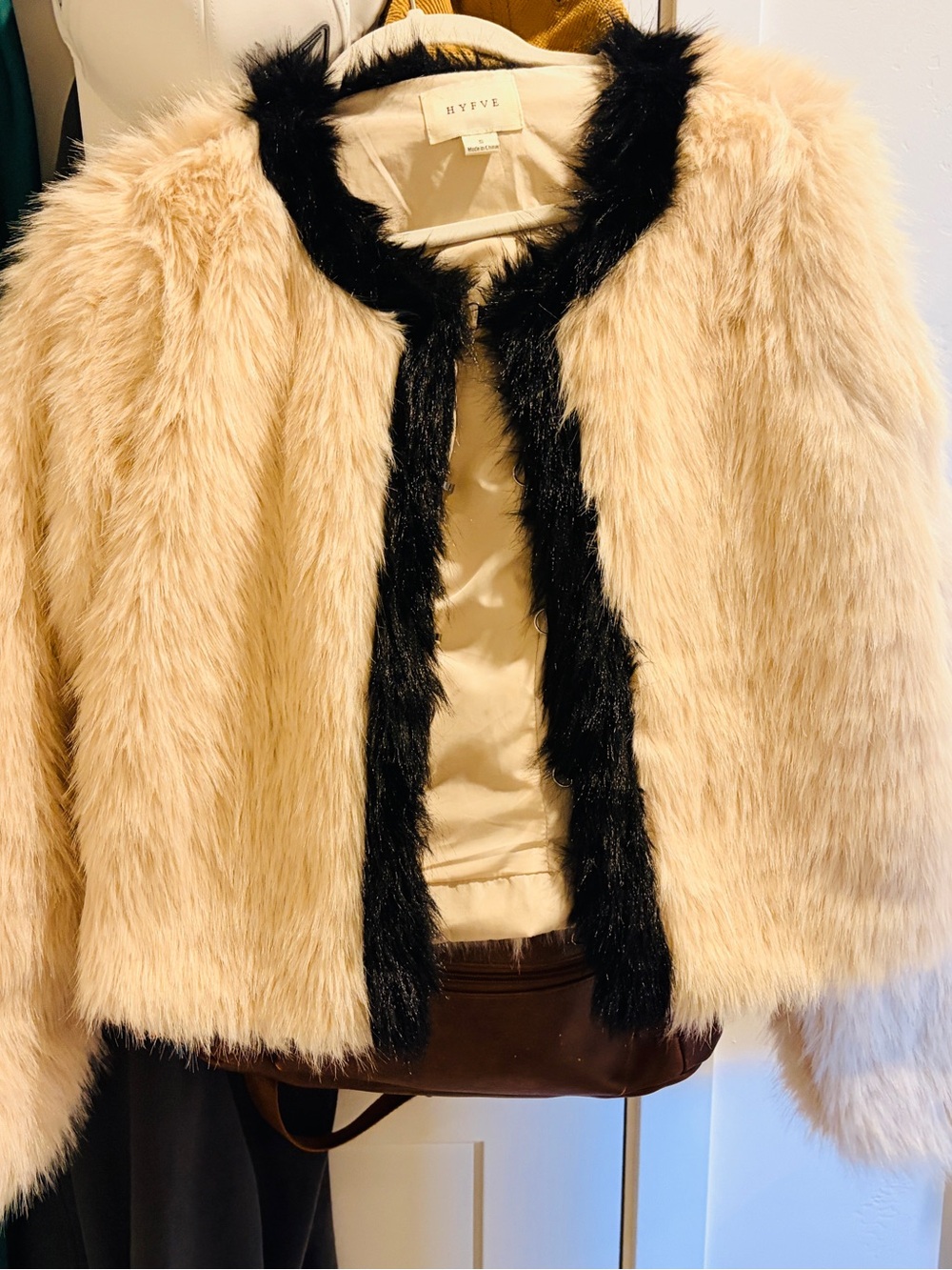HYFVE Cream Faux Fur Jacket with Black Trim